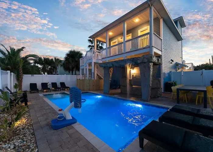 Soak And Sizzle! Pool Waterfall Games Grill Near Beach